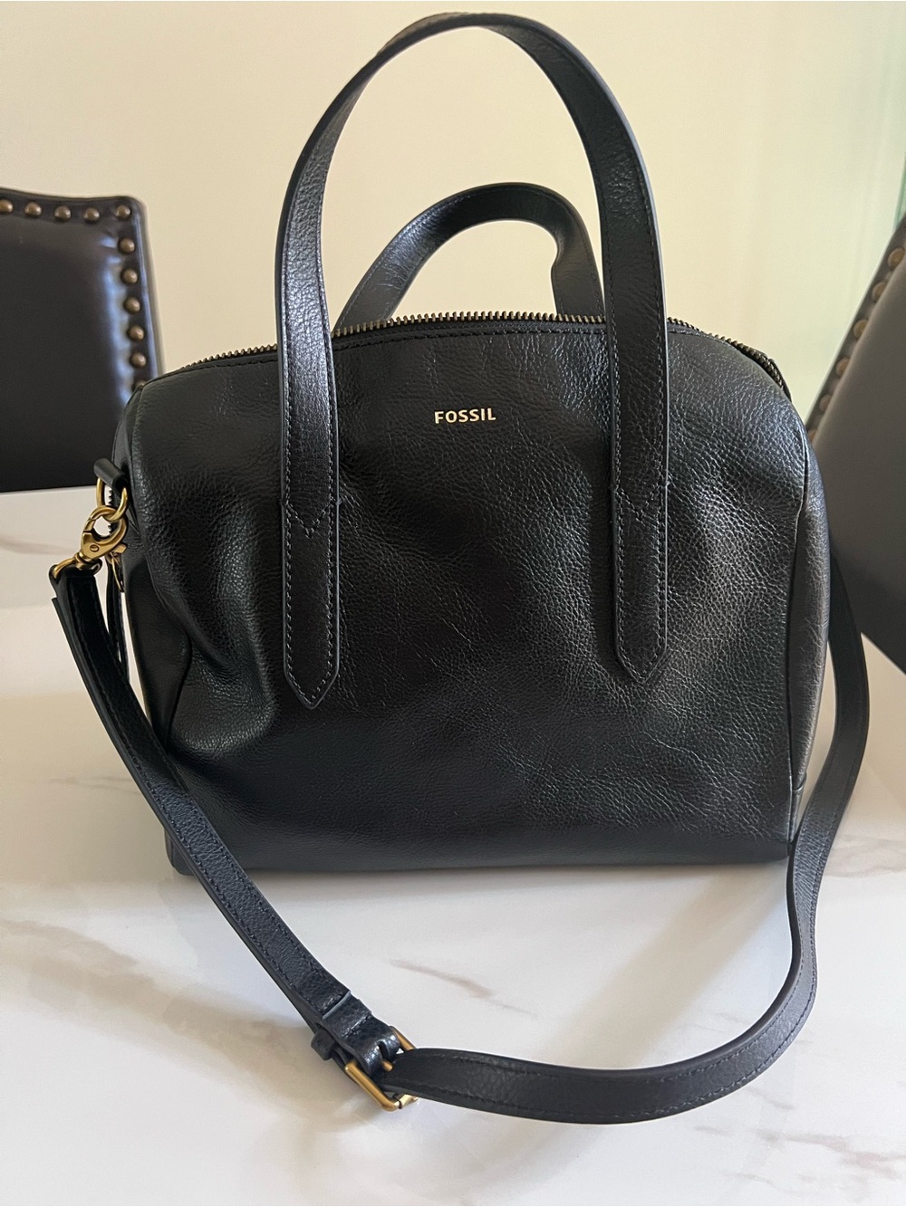 Fossil Black Pebbled Leather Satchel with Gold Hardware